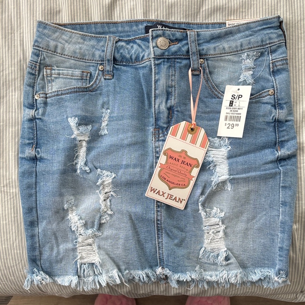 Wax Jean Light Blue Distressed Mini Skirt